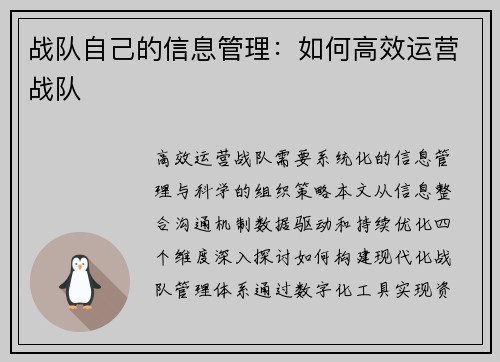 战队自己的信息管理：如何高效运营战队