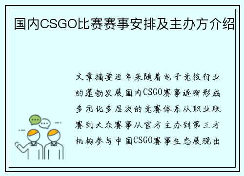 国内CSGO比赛赛事安排及主办方介绍