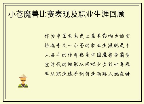 小苍魔兽比赛表现及职业生涯回顾